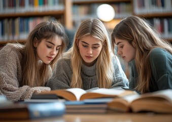 Three young college woman are sitting at a table in a library, looking at a book