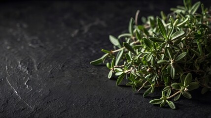 Thyme herb leaves arranged on a dark slate table background, with selective focus highlighting their texture and detail.