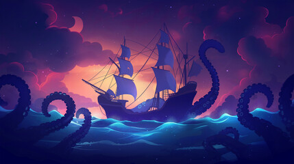 Wall Mural - The Monster octopus crashing ship in ocean, game background, Illustration