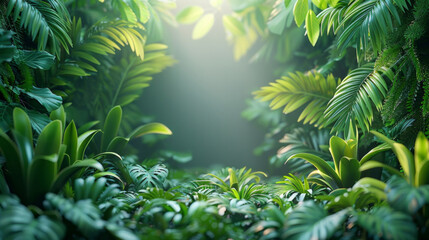 Wall Mural - a mix of tropical greens around the edge of the image, graphic for marketing, large white center , cinematic, AI Generative