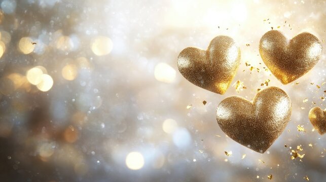 Elegant Valentine's Day design with golden hearts and a light-filled background, capturing the essence of love.