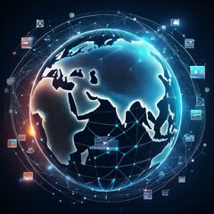 Poster - Abstract digital globe with global network connections and images of media content floating around it