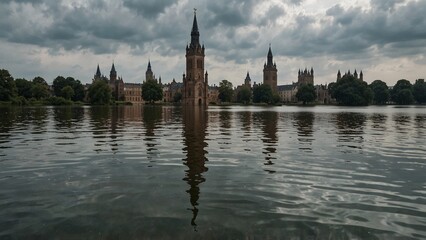 Wall Mural - submerged by a flood, with only towers and spires visible above the water.