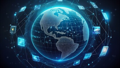 Poster - Abstract digital globe with global network connections and images of media content floating around it