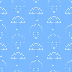 Wall Mural - white outline umbrellas and blue clouds and raindrops on blue background. vector seamless pattern.