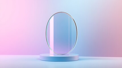 Poster - A 3D  image of a circular glass display stand with a subtle glow. It is set against a soft gradient backdrop of blue and purple, creating a modern and minimalist aesthetic.  The stand symbolizes innov