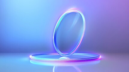 Poster - A 3D  of a vibrant blue and purple circular platform with glowing neon edges, creating a futuristic and modern display perfect for showcasing products. It symbolizes innovation, technology, and the li