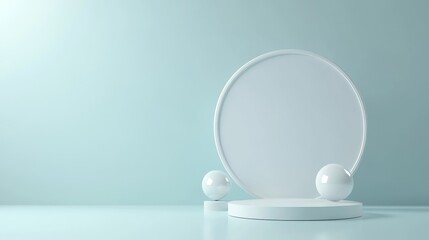 Poster - A 3D  of a minimalist abstract geometric scene with a round platform, two spheres, and a circle in the background. This composition represents simplicity, balance, and modern aesthetics. It can symbol