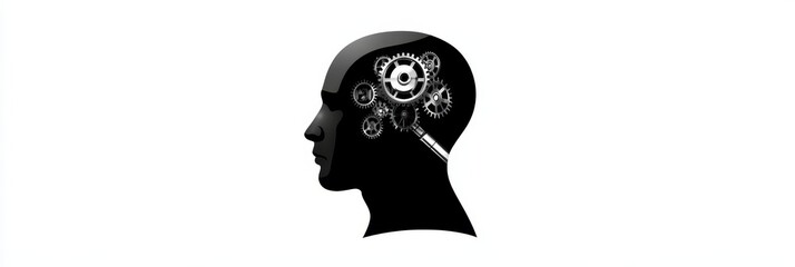 Poster - a black silhouette of a human head in profile with gears inside, representing the complex workings o