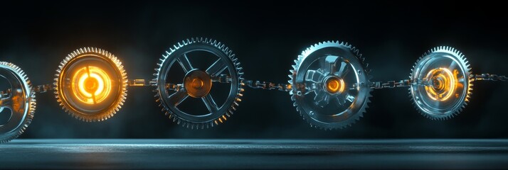 Poster - a chain of interconnected cogwheels with glowing orange centers against a dark blue background, symb