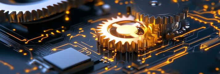 Poster - A close-up image of interlocking gears on a circuit board, symbolizing technology, innovation, precision, complexity, and interconnectedness.