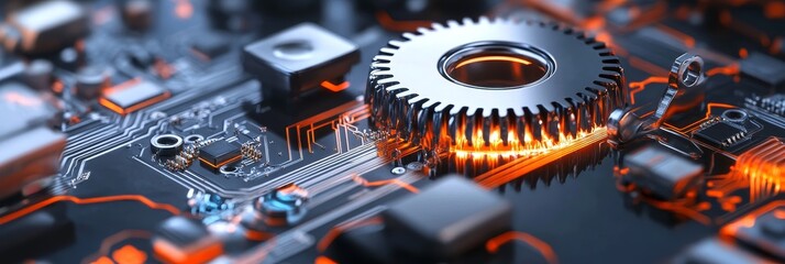 Poster - a close-up image of a metallic gear meshing with a circuit board, symbolizing the intersection of te