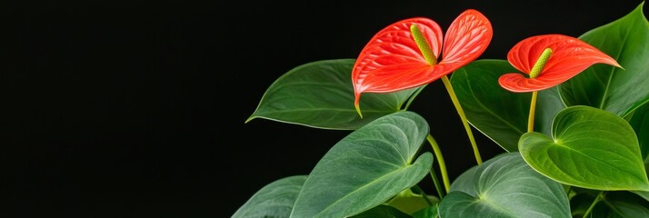 A close-up image showcasing the beauty of red Anthurium flowers against a black background. The vibrant blooms stand out against the lush green foliage, symbolizing passion, hospitality, and abundance