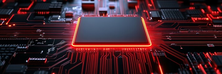 Poster - A close-up of a dark circuit board with red neon lights illuminating a central CPU chip. The image symbolizes technology, innovation, processing power, and the interconnectedness of modern electronics