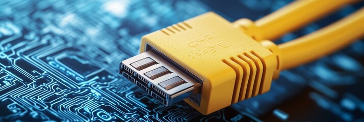 Poster - A close-up of a yellow Ethernet cable plugged into a circuit board, symbolizing the connection of technology, communication, and data transfer.
