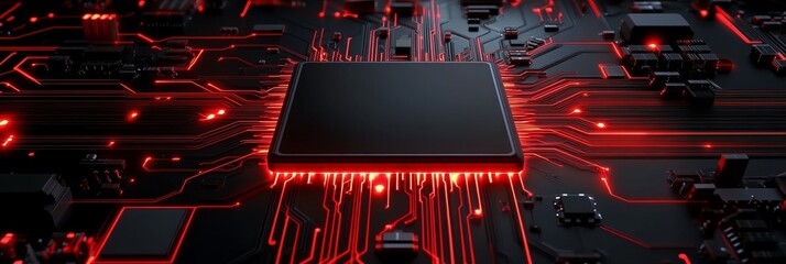 Wall Mural - A close-up shot of a dark circuit board with red neon lights illuminating the pathways. A central processing unit (CPU) sits prominently in the center, symbolizing the heart of technology, the flow of