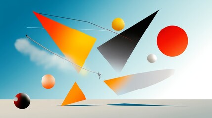 Poster - A colorful abstract composition of geometric shapes, including triangles, circles and a  cloud, that represents creativity, joy, and celebration, with a minimalist and modern aesthetic, evoking a feel