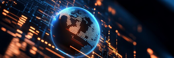 Poster - A digital illustration depicting the concept of global e-commerce analytics. The image shows a digital globe within a network of interconnected lines and data points, symbolizing the worldwide reach o