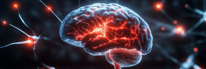 Poster - A digital illustration depicting the human brain with glowing neurons, symbolizing neural activity, brainpower, cognition, thought, and consciousness.