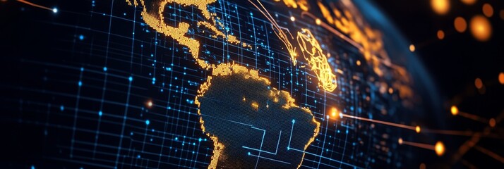 Poster - A digital illustration representing global e-commerce analytics, showcasing sales distribution across the world through a glowing digital network connecting different regions.