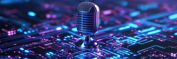 A digital  of a classic microphone standing upright on a circuit board with glowing blue and purple lines. This image symbolizes technology, communication, innovation, and the future of sound recordin