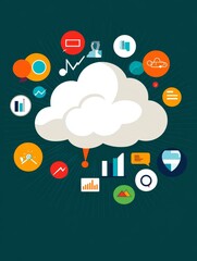 Poster - a flat illustration of an abstract cloud with various icons representing data analysis, cloud comput