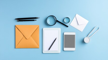 Poster - A flat lay image showcasing modern digital communication tools such as a smartphone, tablet, magnifying glass, and stationery, suggesting a focus on online work, research, and communication.