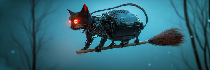 A futuristic robotic black cat with glowing red LED eyes is flying on a broomstick, symbolizing the merging of technology and magic, the power of artificial intelligence, a whimsical blend of fantasy 