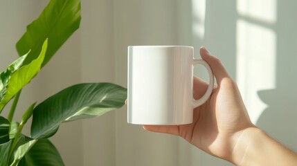 Wall Mural - A hand holding a white coffee mug in a cozy living room, bathed in soft sunlight streaming through a window, symbolizing relaxation, warmth, and a moment of peace.