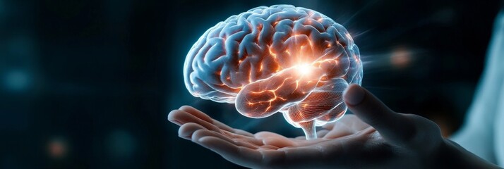 Poster - a human hand cradles a glowing brain, symbolizing knowledge, potential, mental health, and the power