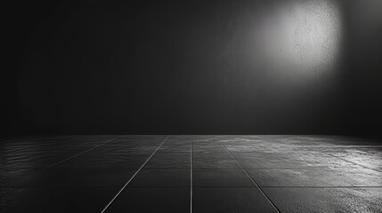 Poster - A black and white photo of a large empty room with a dark floor