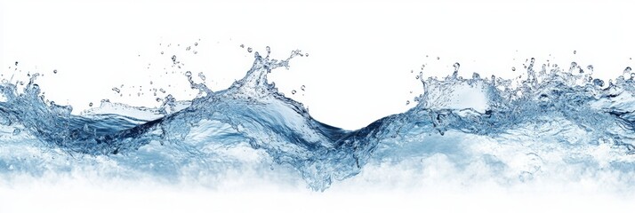 Isolated splashes and droplets of water creating an abstract blue wave on a white background