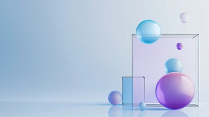 Poster - A minimalist abstract background with a glass cube, a glass rectangle and several spheres in shades of purple and blue. It symbolizes simplicity, harmony, and the beauty of geometric shapes.