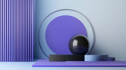 Poster - A minimalist design featuring a purple and blue geometric background with a black sphere and podium. It represents simplicity, balance, and modern aesthetics.