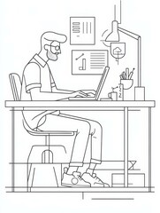 Poster - A minimalist line art illustration depicting a man sitting at a desk, working on a laptop. He is surrounded by office supplies, suggesting focus and productivity. The image captures the essence of mod
