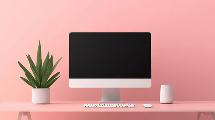 Poster - A minimalist desktop workspace featuring a white iMac computer with a black screen, a wireless keyboard and mouse, and a potted plant on a pink desk. The iMac sits against a pink wall, creating a clea