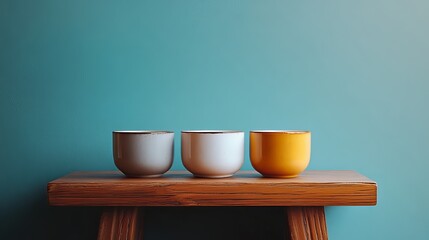 Wall Mural - Three bowls of different colors are sitting on a wooden bench