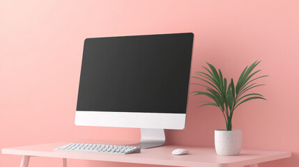 Poster - A modern iMac sits on a pink desk with a minimalist plant in a white pot. The computer has a blank screen, offering a clean canvas for showcasing websites, presentations, or graphic design projects. T