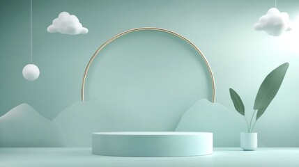 Poster - A serene 3D cartoon background featuring a soft green sky, whimsical clouds, and a circular mountain range. A gold ring adds a touch of elegance, while a green plant and a round podium create a charmi