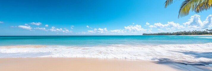 Wall Mural - A serene tropical beach landscape with crystal clear blue ocean, soft white sand, and a calm, inviting atmosphere. The image evokes feelings of tranquility, relaxation, and escape. Palm trees sway gen