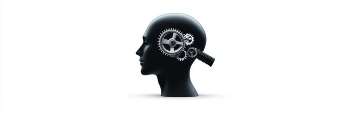 Poster - a silhouette of a head with gears turning inside, symbolizing the working of the mind, innovation, c