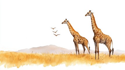 a serene watercolor painting depicting two graceful giraffes standing in a golden savanna landscape.