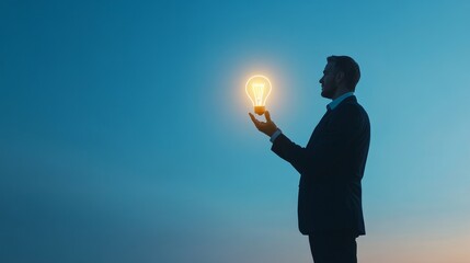 Poster - A silhouette of a supply chain innovation manager holding a glowing lightbulb, symbolizing a brilliant idea, vision, and strategic thinking in logistics and operations management.