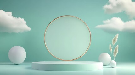 Poster - A simple and elegant 3D scene featuring a circular platform, a green backdrop, and white clouds. The scene evokes a sense of tranquility and serenity, symbolizing nature, simplicity, and a clean aesth
