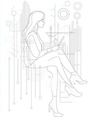 Poster - A single line art illustration of a woman sitting with a laptop, symbolizing data analysis, technology, business, digital trends, and the future of work.