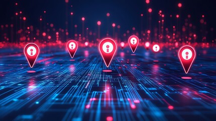 Poster - colorful location markers on a digital map representing global connectivity and navigation
