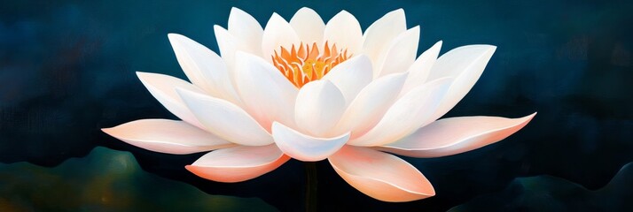 A single white lotus flower with delicate petals, blooming gracefully against a dark blue background. It symbolizes purity, enlightenment, and spiritual growth.