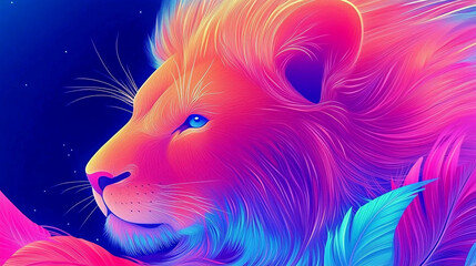 Profile of a beautiful drawn lion with a blue eye