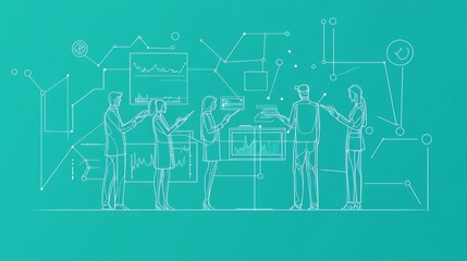 Poster - A team of business professionals working together, surrounded by data and AI technology, symbolizing innovation, collaboration, data analysis, digital transformation, and future of work.