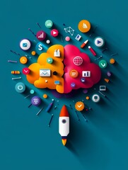 Poster - A  illustration of a brain with two halves, one orange and one pink, representing different aspects of thinking. It is surrounded by icons symbolizing ideas, growth, communication, and a rocket taking